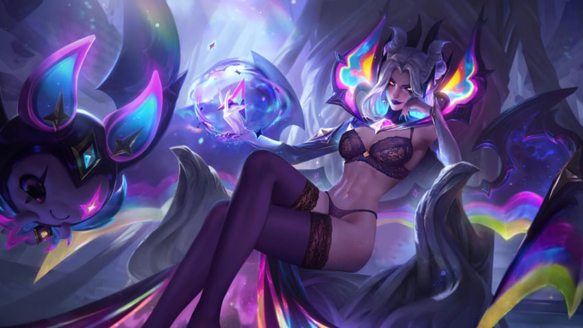 1girls bra league_of_legends legs_crossed lingerie magic morgana panties richtofen sitting star_guardian_series star_nemesis_morgana stockings tagme thighhighs white_hair