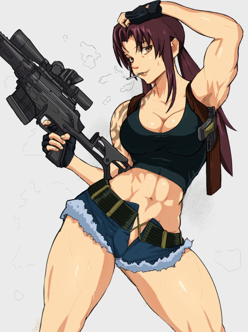 1girls abs biceps black_lagoon brown_eyes cigarette cleavage crop_top curvy denim denim_shorts fingerless_gloves gloves gun guns hand_on_head hi_res holding_object looking_at_viewer muscular muscular_arms muscular_female muscular_legs navel purple_hair revy shorts simple_background smile sweat tattoo thick thick_thighs thighs weapon white_background yoracrab