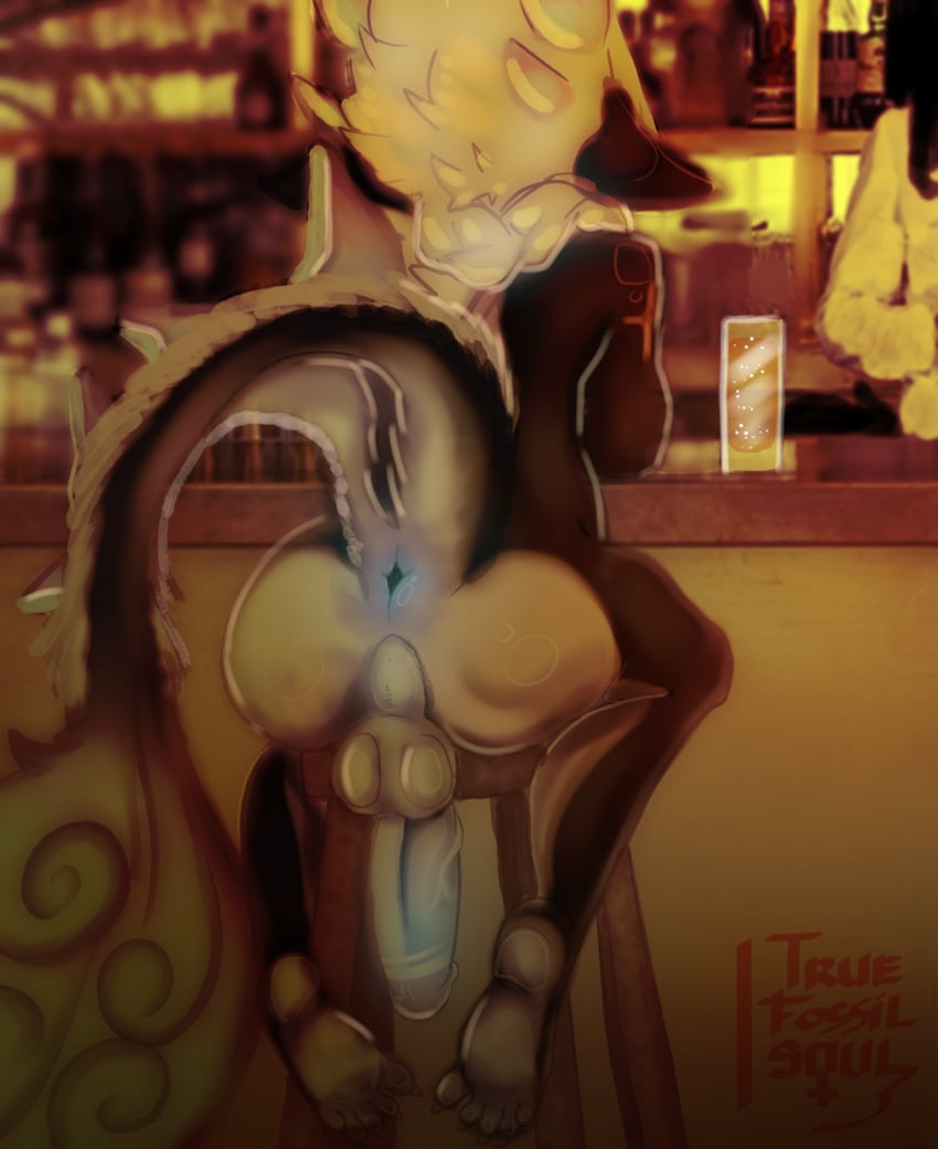 alcohol anthro anus arizona_(true_fossil_soul) beverage blue_penis dragon erection eyewear feet gaping gaping_anus genitals glasses glowing glowing_anus glowing_genitalia glowing_penis hi_res male male/male nightclub penis raised_tail sitting solo true_fossil_soul