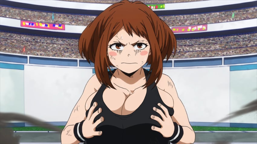 1girls accurate_art_style alternate_breast_size big_breasts breast_grab breast_hold cleavage cleavage_overflow edit huge_breasts large_breasts my_hero_academia ochako_uraraka screencap screenshot screenshot_edit shounen_jump sideboob sportswear tank_top yetig