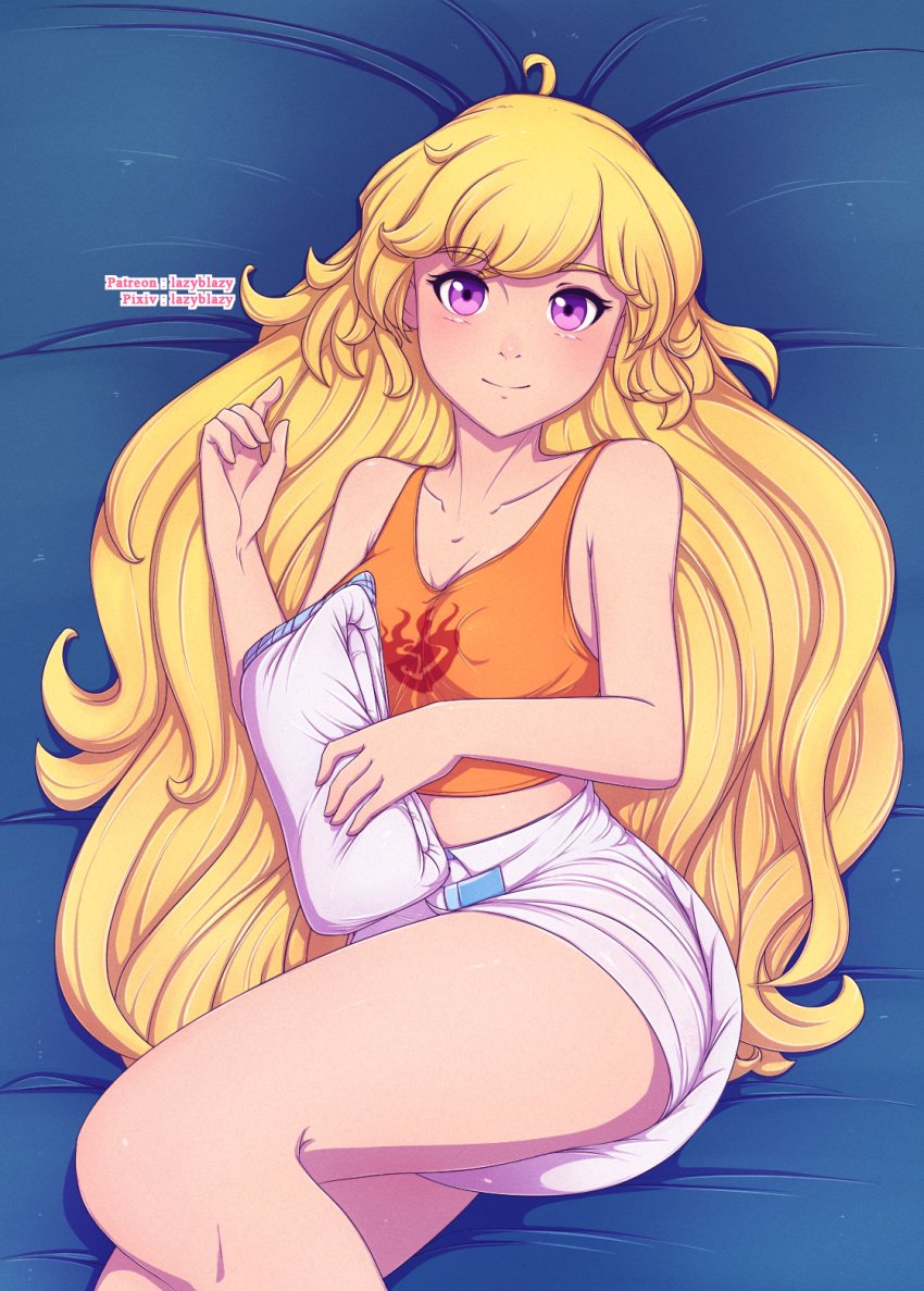 1girls blonde_hair breasts diaper female large_breasts lazyblazy lazyblazy_(artist) long_hair orange_tank_top purple_eyes rwby smiling solo solo_female tank_top white_diaper yang_xiao_long