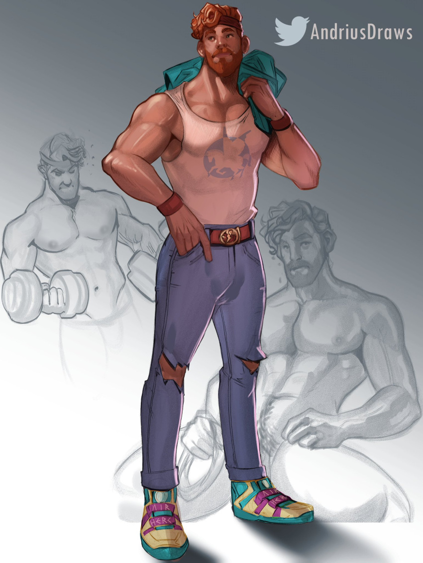 andriusdraws bulge concept_art covered_crotch covering_crotch disney ginger_hair hercules_(character) hercules_(disney) male male_only modern_setting muscles muscular muscular_male redhead working_out