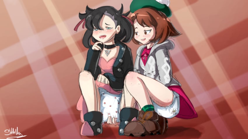 2girls black_hair black_jacket brown_eyes brown_hair collar diaper diaper_under_clothing female female_only gloria_(pokemon) green_eyes grey_cardigan hand_on_diaper jacket marnie_(pokemon) multiple_girls nintendo pink_dress pokemon pokemon_ss red_dress short_hair sketchmandl