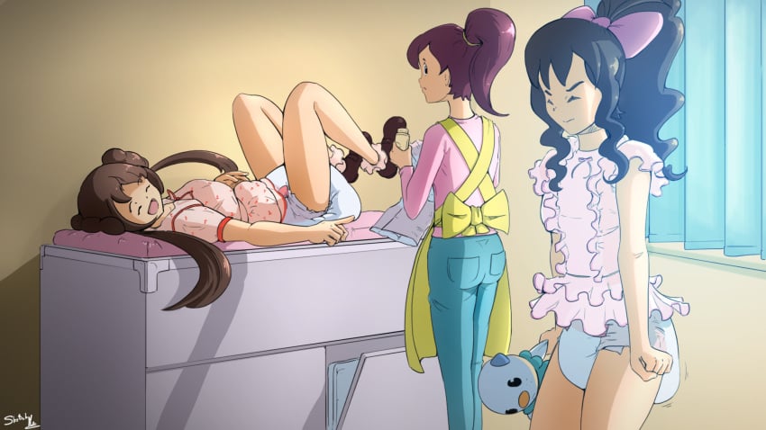 3girls abdl apron baby_powder black_hair bow_in_hair brown_hair changing_table daycare diaper diaper_change double_bun hilda_(pokemon) multiple_girls nintendo oshawott plushie pokemon pokemon_(species) pokemon_bw pokemon_bw2 ponytail purple_hair rosa_(pokemon) sketchmandl