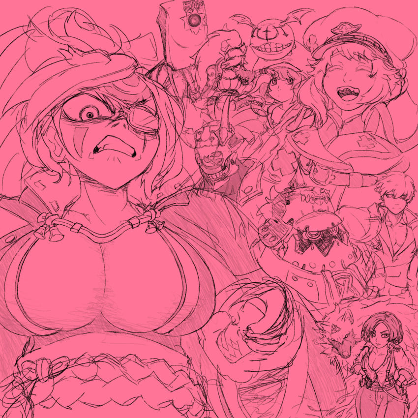 baiken big_breasts cleavage faust_(guilty_gear) giovanna_(guilty_gear) guilty_gear guilty_gear_strive ky_kiske large_breasts may_(guilty_gear) multiple_boys nagoriyuki ne potemkin ramlethal_valentine sketch yetig