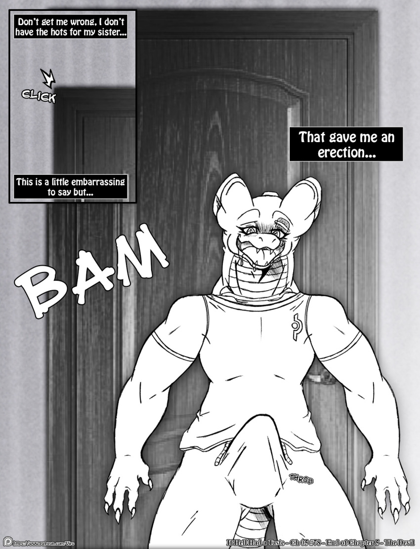 2017 anthro bandage bodily_fluids bottomwear chapter_5 clothed clothing comic door dragon drooling end_page english_text erection erection_under_clothing hi_res if_hell_had_a_taste male monochrome muscular muscular_anthro muscular_male open_mouth page_75 pants saliva scales shirt skylar_fidchell solo sound_effects text topwear viroveteruscy wounded