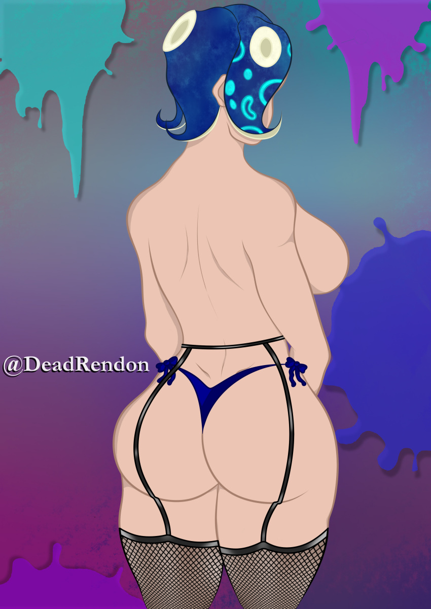 ass backside blue_hair breasts bubble_butt deadrendon digital_drawing_(artwork) digital_media_(artwork) fishnets gradient_background looking_at_back octoling octoling_girl panties splatoon splatoon_2 thong