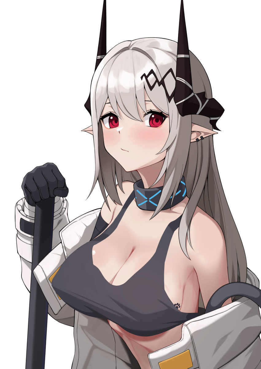 arknights big_breasts breasts clothed_female collarbone elf_ears ett horns long_hair mudrock_(arknights) pointy_ears red_eyes watermark white_hair