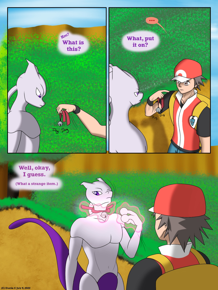 anthro bell clothed clothing comic dialogue digital_media_(artwork) duo dustin_c english_text felid feline gay hair hi_res human legendary legendary_pokémon male male/male mammal mewtwo nintendo pokemon pokemon_(species) pokemon_rgby red_(pokemon) simple_background soothe_bell speech_bubble text video_games