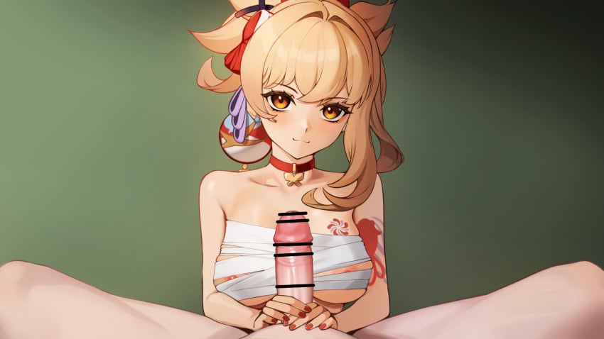 :3 bandages bar_censor bare_shoulders blonde_hair blush bow breasts censored closed_mouth clothed_female_nude_male collar collarbone completely_nude earrings ett female fingernails genshin_impact gradient gradient_background green_background hair_intakes hairbow handjob highres jewelry looking_at_viewer nail_polish nipple_slip nipples nude orange_eyes red_bow red_nails sarashi short_hair smile spread_legs straight upper_body yoimiya_(genshin_impact)