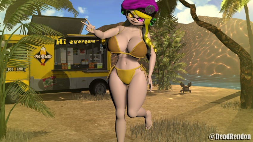 1girls 3d alternate_version_available beret bikini deadrendon different_eye_color female female_only food_truck greeting headgear inkling inkling_girl island peace_sign pink_eyes pose river sfm source_filmmaker splatoon splatoon_2 team_fortress_2 text yellow_bra yellow_eyes yellow_hair yellow_nails yellow_panties