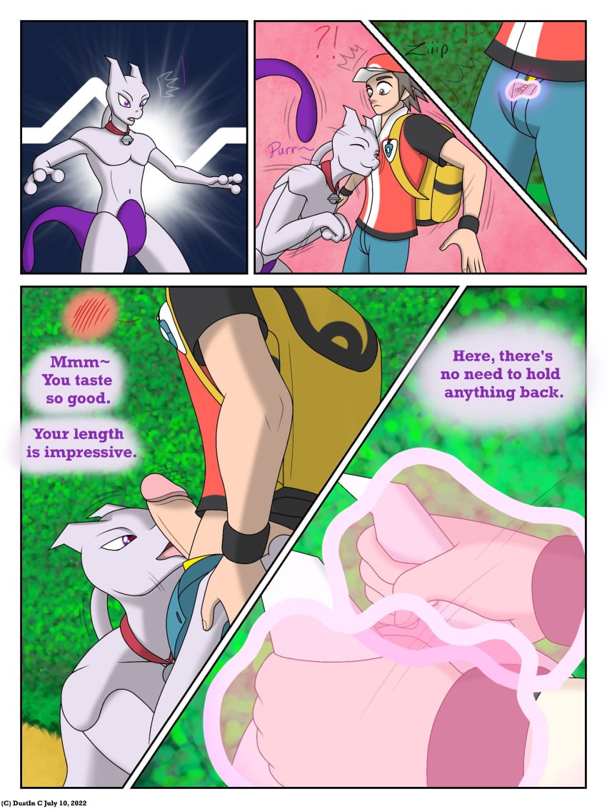 anthro bell bell_collar blush clothed clothing collar comic dialogue digital_media_(artwork) duo dustin_c english_text erection felid feline gay genitals hair hat headgear headwear hi_res human interspecies legendary legendary_pokémon male male/male mammal mewtwo nintendo open_mouth penis pokemon pokemon_(species) pokemon_rgby red_(pokemon) simple_background smile soothe_bell speech_bubble text tongue video_games