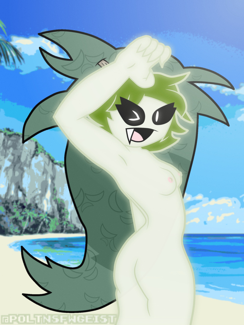 1girls ass ass_focus beach big_ass eyes_visible_through_hair fangs ghost_girl glowing_eyes green_hair green_skin happy leaves leaves_in_hair looking_at_viewer nichtgeist nipples oc original_character revie_(nichtgeist) small_breasts solo solo_female wink