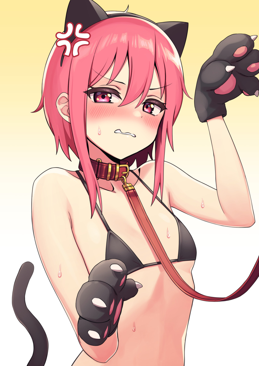 1girls anger_vein angry angry_at_viewer animal_ears bikini black_bra blush bra cat_ears cat_paws cat_tail collar deadnoodles_(@deadnooodles) embarrassed eyebrows_visible_through_hair fake_animal_ears female female_only gloves jn_(deadnoodles_(@deadnooodles)) leash leash_and_collar light-skinned_female light_skin looking_at_viewer original paw_gloves paws pink_eyes pink_hair solo sweat tail