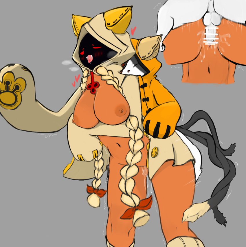 anthro areola balls biped blazblue blush bodily_fluids breasts breath censored closed_eyes clothing domestic_cat duo entwined_tails erection fangs felid feline felis female from_behind_position genitals heart hi_res huff incest jubei_(blazblue) male male/female mammal navel nipples open_mouth penis saliva sex sex_from_behind simple_background size_difference standing standing_sex tail_coil taokaka twin_braids twintails video_games yoru_vida