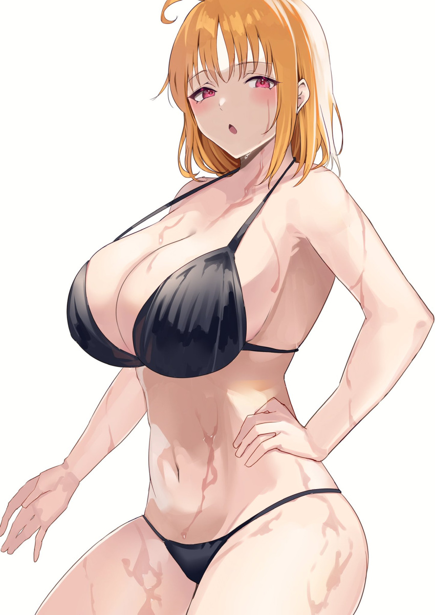 1girls big_breasts big_hips bikini black_bikini breasts busty female female_only hips huge_breasts intermammary_cleft looking_at_viewer love_live! love_live!_sunshine!! mostly_clothed orange_hair red_eyes solo solo_female swimsuit tagme takami_chika thick_thighs thighs tight_clothing wet wet_body wet_clothes wet_skin white_background yamasonson