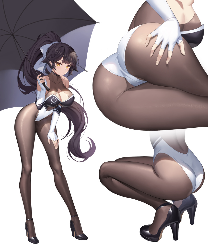 1girls 2022 absurdres ass azur_lane black_footwear black_hair black_legwear breasts female female_focus female_only full_body hand_on_own_ass high_heels high_ponytail highres large_breasts leotard long_hair long_legs looking_at_viewer multiple_views nolan68644537 official_alternate_costume pantyhose ponytail race_queen ribbon solo solo_female squatting takao_(azur_lane) takao_(full_throttle_charmer)_(azur_lane) umbrella white_background white_leotard white_ribbon yellow_eyes