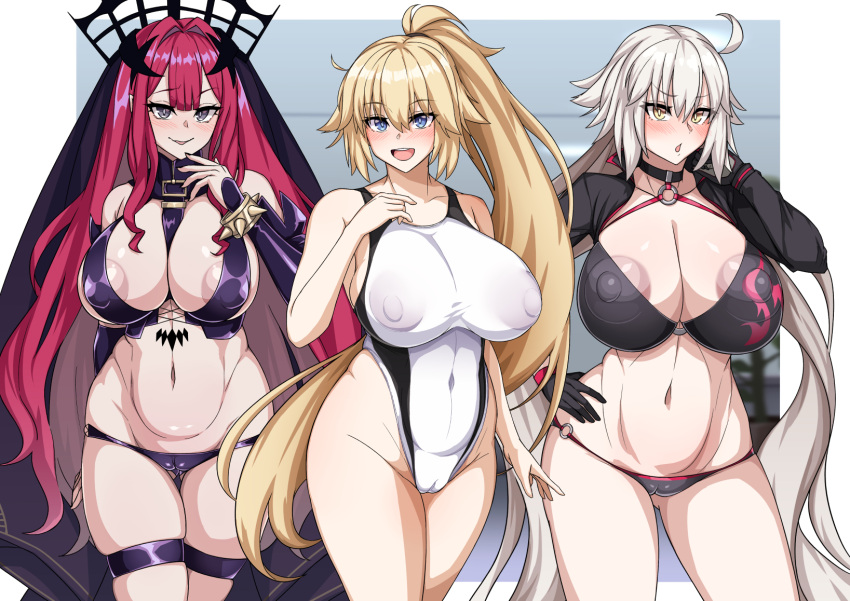 3girls :d ahoge areola_slip ass_visible_through_thighs bangs bare_shoulders between_breasts bikini black_bikini black_gloves black_jacket blonde_female blonde_hair blue_eyes blush bracelet breasts cameltoe choker cleavage collarbone covered_nipples cropped_jacket detached_sleeves fairy_knight_tristan_(fate) fairy_knight_tristan_(second_ascension)_(fate) fate/grand_order fate_(series) gloves grey_eyes high_ponytail highleg highleg_swimsuit highres indoors jacket jeanne_alter jeanne_d'arc_(fate) jeanne_d'arc_(swimsuit_archer)_(fate) jeanne_d'arc_(swimsuit_archer)_(second_ascension)_(fate) jeanne_d'arc_alter_(fate) jeanne_d'arc_alter_(swimsuit_berserker)_(fate) jewelry large_areolae large_breasts long_hair long_sleeves looking_at_viewer multiple_girls muta_poo navel nipple_bulge o-ring o-ring_bikini one-piece_swimsuit open_mouth purple_hair revealing_clothes shrug_(clothing) silver_hair smile spiked_bracelet spikes swimsuit thigh_strap thighs veil very_long_hair yellow_eyes