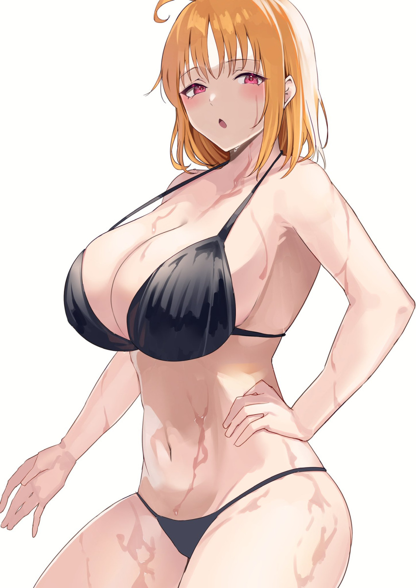 1girls big_breasts big_hips bikini black_bikini breasts busty female female_only hips huge_breasts intermammary_cleft looking_at_viewer love_live! love_live!_sunshine!! mostly_clothed orange_hair red_eyes solo solo_female swimsuit tagme takami_chika thick_thighs thighs tight_clothing wet wet_body wet_clothes wet_skin white_background wip work_in_progress yamasonson