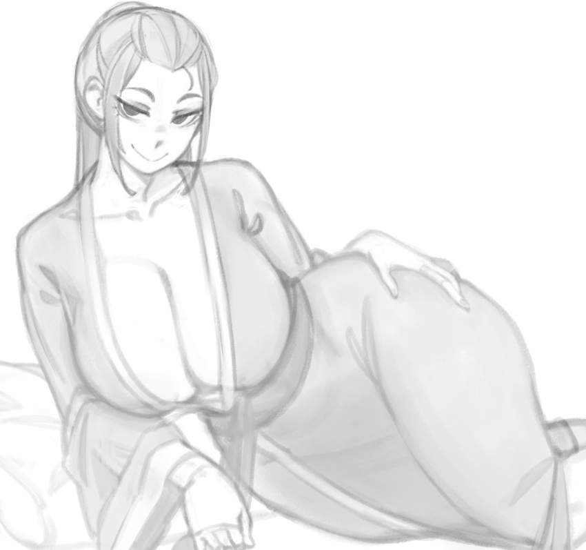 ass avatar_the_last_airbender azula bed bedroom black_and_white breasts cleavage clothing feet_out_of_frame gown hips huge_breasts kelvin_hiu large_breasts looking_at_viewer no_makeup pillow ponytail pose posing robe seductive seductive_look seductive_pose seductive_smile sketch smile smiling smiling_at_viewer smirk smirking thick_thighs wide_hips