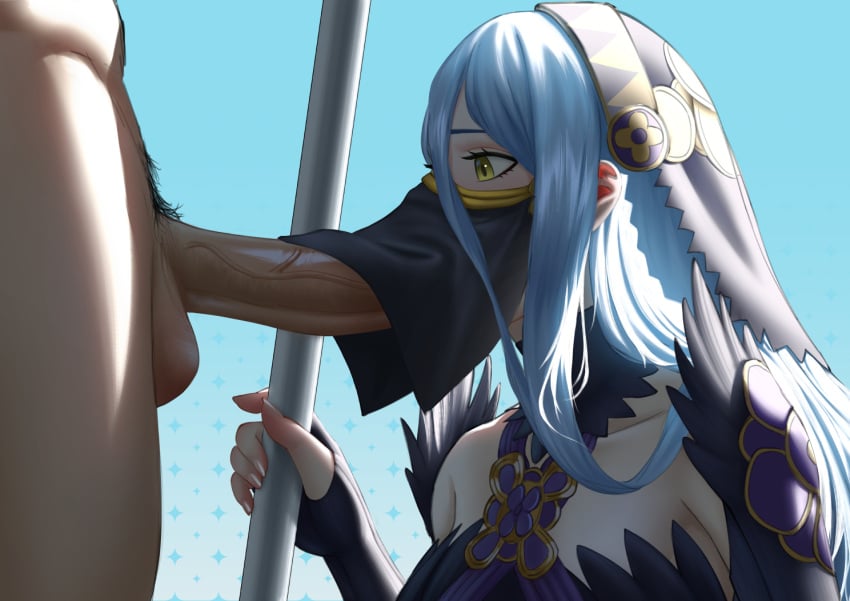 1boy 1girls alternate_costume azura_(fire_emblem) azura_(performing_arts)_(fire_emblem) blue_hair breasts covered_mouth elbow_gloves erection fellatio fellatio_under_mask fellatio_under_veil female female_focus fingerless_gloves fire_emblem fire_emblem_fates fire_emblem_heroes gloves hair_between_eyes headdress jornyhail long_hair male male_pubic_hair mask mouth_mask mouth_veil nintendo official_alternate_costume open_mouth oral penis profile pubic_hair small_breasts solo_focus spear staff straight sucking uncensored veil veins veiny_penis weapon yellow_eyes