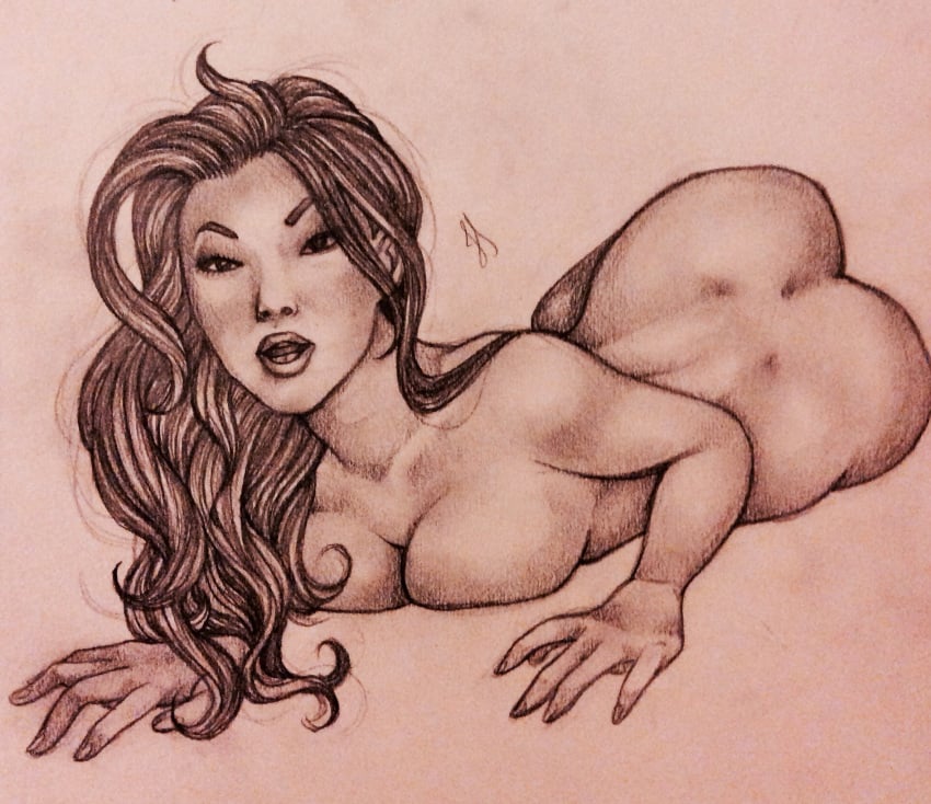 1girls asa_akira asian nude pencil_(artwork) pinup sketch solo