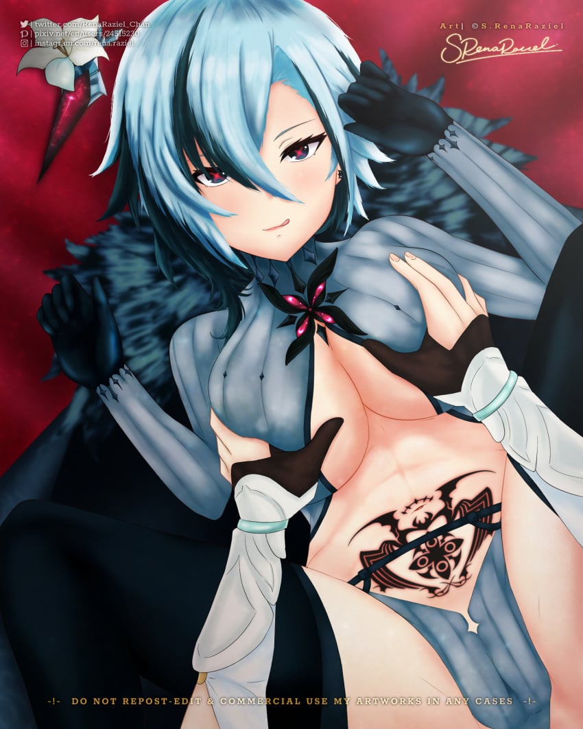 arlecchino_(genshin_impact) black_eyes black_gloves black_hair blue_hair blush breasts breasts_grab closed_mouth coat female fur-trimmed_coat fur_trim genshin_impact gloves hair_between_eyes highres large_breasts looking_at_viewer multicolored_hair nipples open_clothes open_coat s_rena_raziel_(artist) short_hair solo streaked_hair symbol-shaped_pupils upper_body x-shaped_pupils