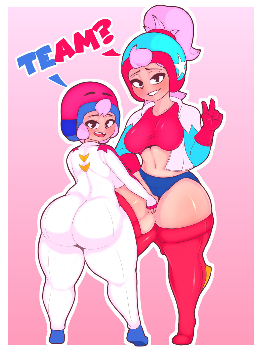 2girls abs ass big_ass big_breasts big_butt blush blushing blushing_at_viewer bonnie_(brawl_stars) brawl_stars female female_only jacksito_(artist) janet_(brawl_stars) looking_at_viewer missing_tooth peace_sign pink_hair shorts sisters smile smiling smiling_at_viewer supercell tagme text thick_ass thick_thighs v v_sign