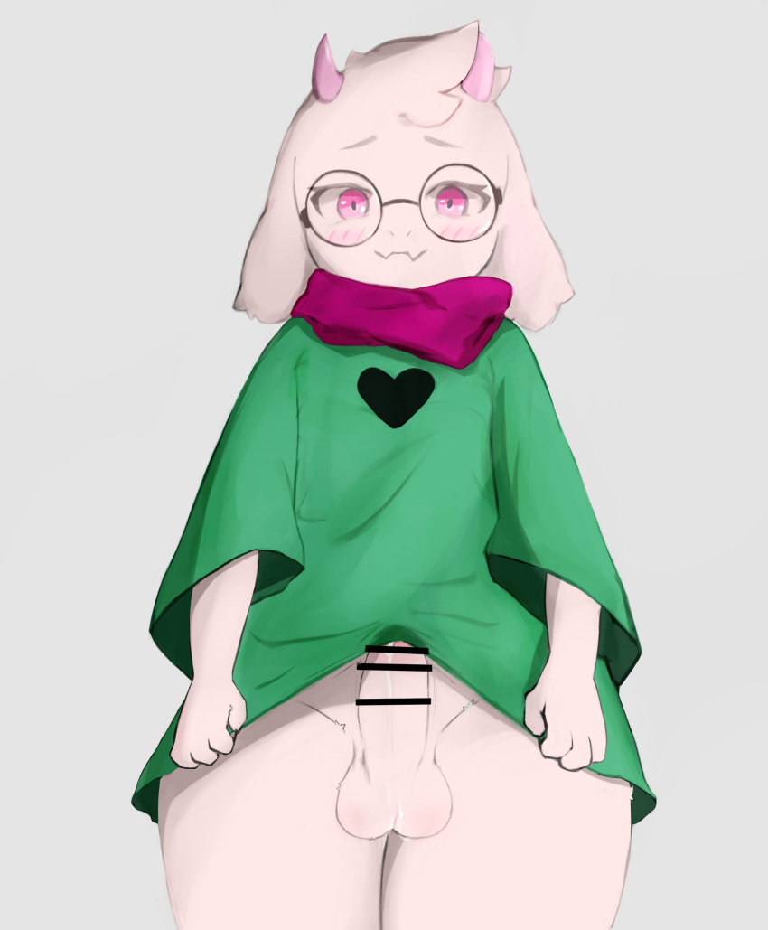 1boy 2d absurd_res anthro anthro_male anthro_only balls biped blush bottomless bovid caprine censor_bar censored clothed clothing deltarune erection eyewear flesh_fang fur furry furry_male furry_only genitals glasses goat hi_res humanoid humanoid_male humanoid_only looking_at_viewer male male_only mammal mammal_humanoid partially_clothed penis pink_eyes ralsei scarf simple_background solo topwear undertale_(series) video_games white_body yoru_vida