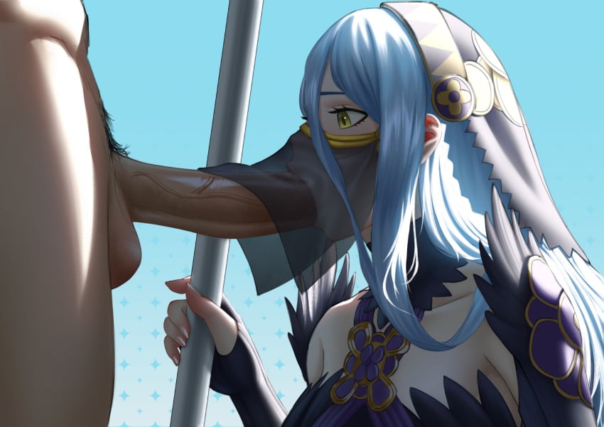 1boy 1girls alternate_costume azura_(fire_emblem) azura_(performing_arts)_(fire_emblem) blue_hair breasts covered_mouth elbow_gloves erection fellatio fellatio_under_mask fellatio_under_veil female female_focus fingerless_gloves fire_emblem fire_emblem_fates fire_emblem_heroes gloves hair_between_eyes headdress jornyhail long_hair male male_pubic_hair mask mouth_mask mouth_veil nintendo official_alternate_costume open_mouth oral penis profile pubic_hair see-through small_breasts solo_focus spear staff straight sucking uncensored veil veins veiny_penis weapon yellow_eyes