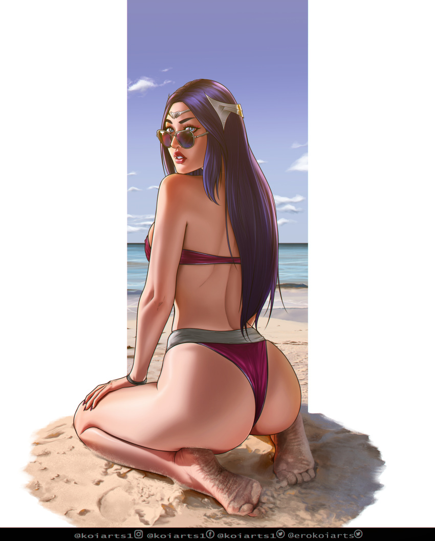 ass athletic_female beach bikini blue_hair feet frog_squat irelia_xan koiarts league_of_legends looking_over_eyewear looking_over_glasses looking_over_sunglasses soles sunglasses thick_lips tinted_eyewear toes