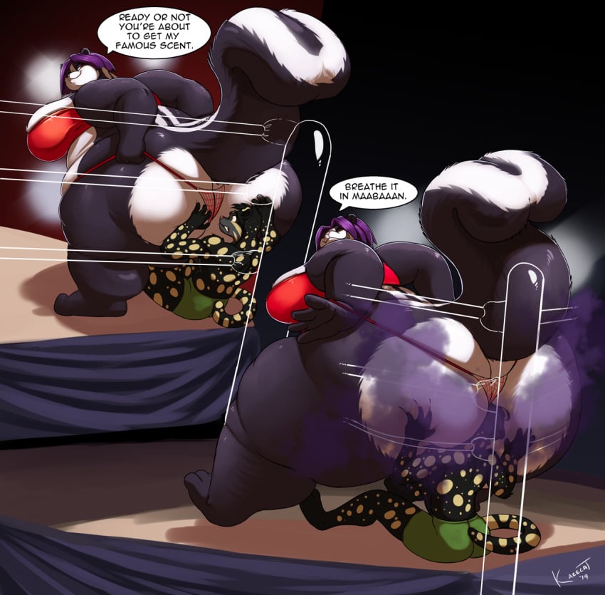 aroma_(kazecat) ass ass_cleavage ass_crack ass_in_face ass_smothering big_ass butt_crack chubby_female face_in_ass facesitting fart fart_fetish farting_in_face fat_ass female femdom furry kazecat larger_female male red_thong skunk smaller_male smothering smothering_ass stinkface tagme tail thong wrestling wrestling_ring