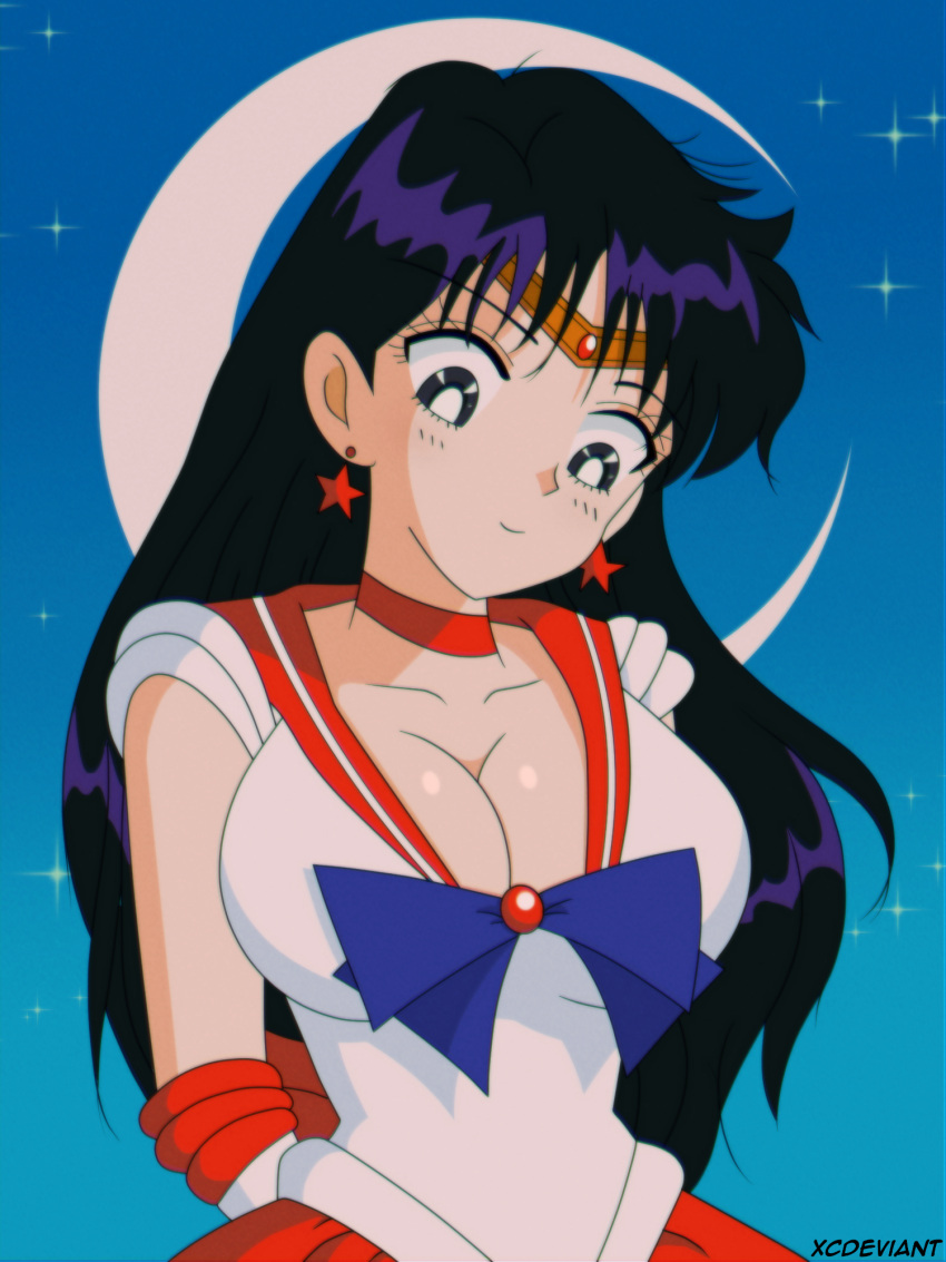 1girls accurate_art_style alternate_breast_size arms_behind_back artist_name big_breasts bishoujo_senshi_sailor_moon breasts busty cleavage clothing female female_only hi_res large_breasts looking_down moon night purple_eyes purple_hair rei_hino sailor_mars smile solo tiara xcdeviant