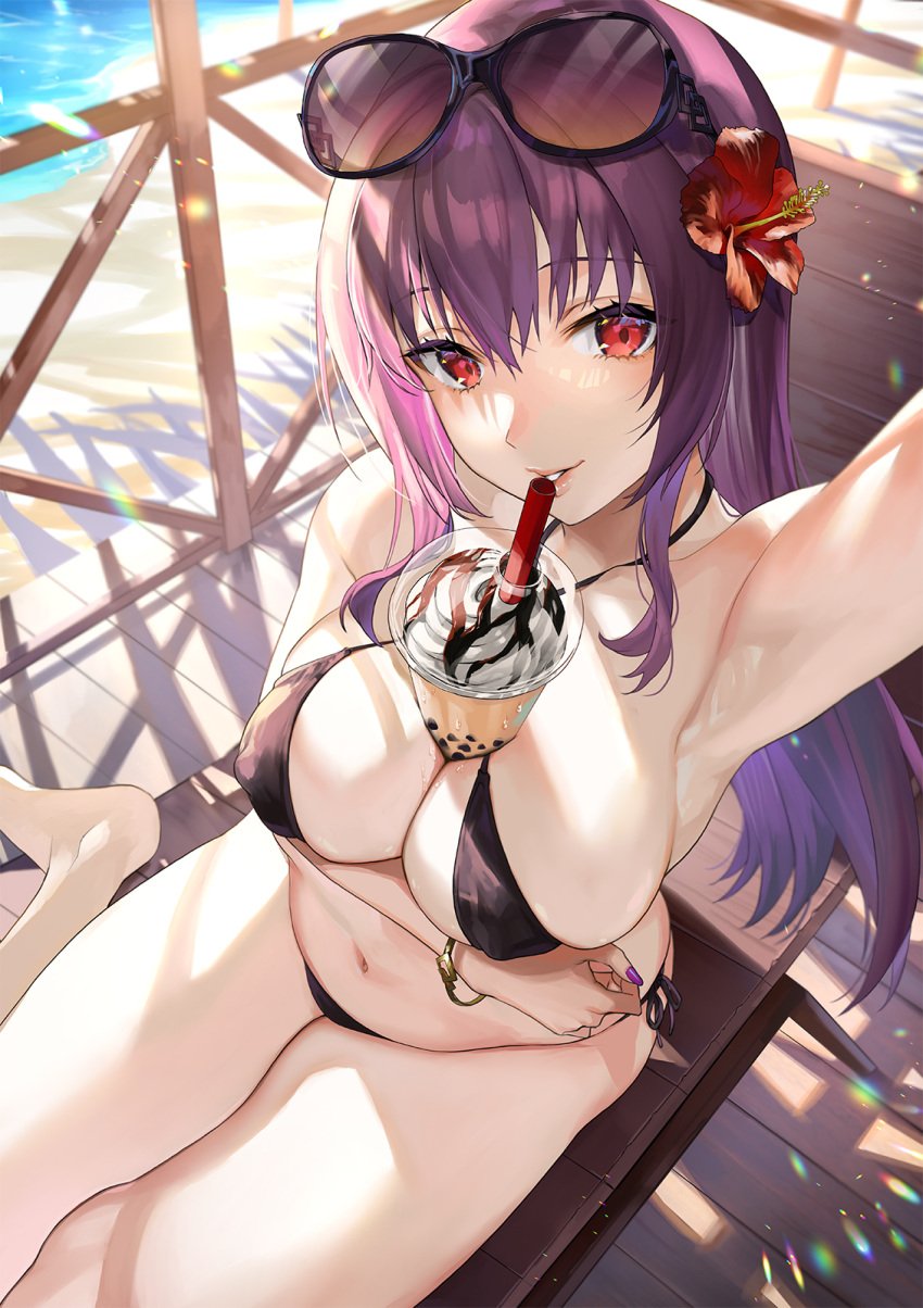 arm_under_breasts armpit armpit_crease armpit_fetish armpits beach big_breasts bikini boba_tea breasts bulge bulge_through_clothing curvy fate/grand_order fate_(series) highres hourglass_figure huge_breasts large_breasts lipstick long_hair looking_at_viewer midriff navel nipple_bulge purple_hair red_eyes revealing_clothes sage_joh scathach_(fate) selfie sitting stomach thick_thighs top_view voluptuous wide_hips