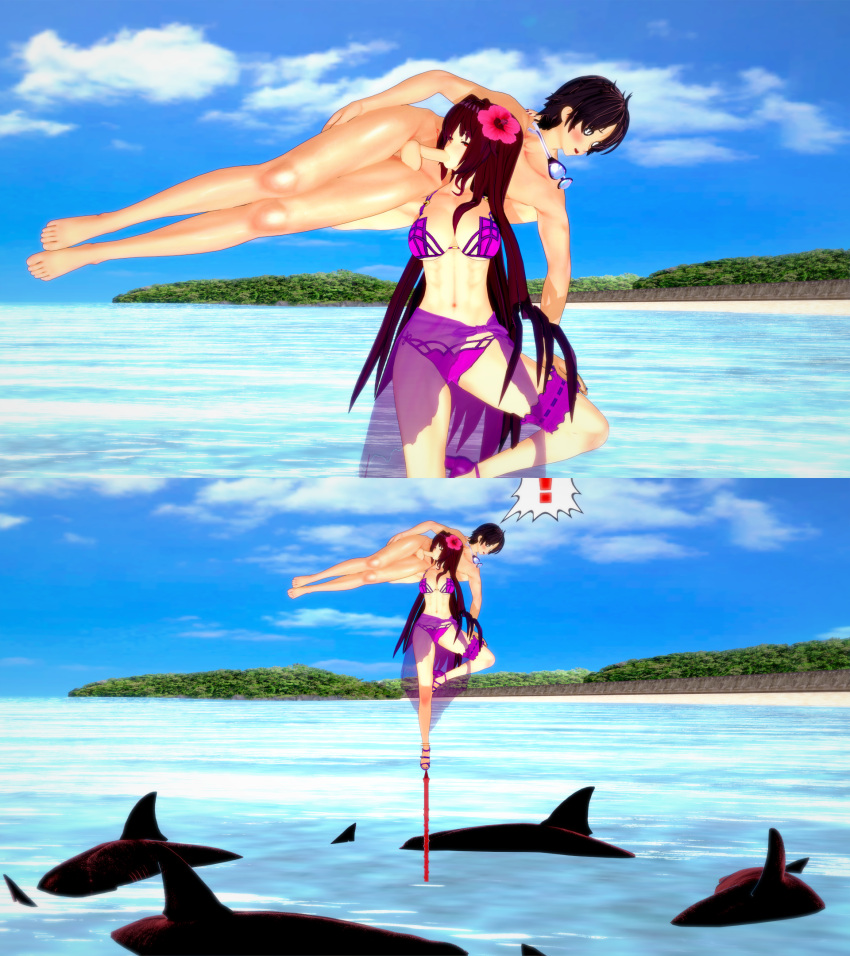 ! abs balancing beach bikini black_hair carrying carrying_over_shoulder carrying_partner fate/grand_order fate_(series) female_domination femdom fireman's_carry fujimaru_ritsuka_(male) hibiscus high_heels large_breasts leg_up lifting lifting_person nude_male ocean purple_bikini red_eyes red_hair sarong scared scathach_(fate) scathach_(swimsuit_assassin) sea shark shocked spear standing_on_one_leg suspended_fellatio tiptoes