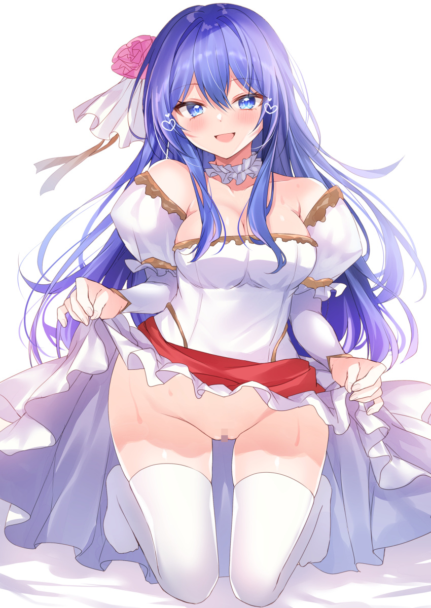 1girls alternate_costume bare_shoulders bare_thighs blue_eyes blue_hair breasts bride caeda_(bridal)_(fire_emblem) caeda_(fire_emblem) censored cleavage clothes_lift collarbone detached_sleeves dress_lift female female_only fire_emblem fire_emblem:_mystery_of_the_emblem fire_emblem:_shadow_dragon_and_the_blade_of_light fire_emblem_heroes flower hair_flower heart kneeling large_breasts lifted_by_self long_hair looking_at_viewer mosaic_censoring nenobi_(nenorium) nintendo no_panties official_alternate_costume open_mouth pussy shoulders skirt_lift smile solo strapless_dress sweat thighhighs thighs upskirt very_long_hair wedding_dress