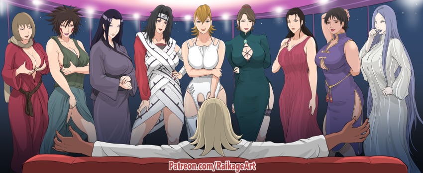 1boy 6+girls 9girls 9milfs black_hair breasts brown_hair chouji's_mother cleavage dark-skinned_male dark_skin harem haruno_mebuki highres hinata's_mother huge_breasts ino's_mother interracial inuzuka_tsume karura_(naruto) kurenai_yuhi large_breasts lipstick makeup milf milfs multiple_girls multiple_milfs nail_polish nara_yoshino naruto naruto_(series) naruto_shippuden otsutsuki_kaguya raikage raikage_art royalty yuuhi_kurenai