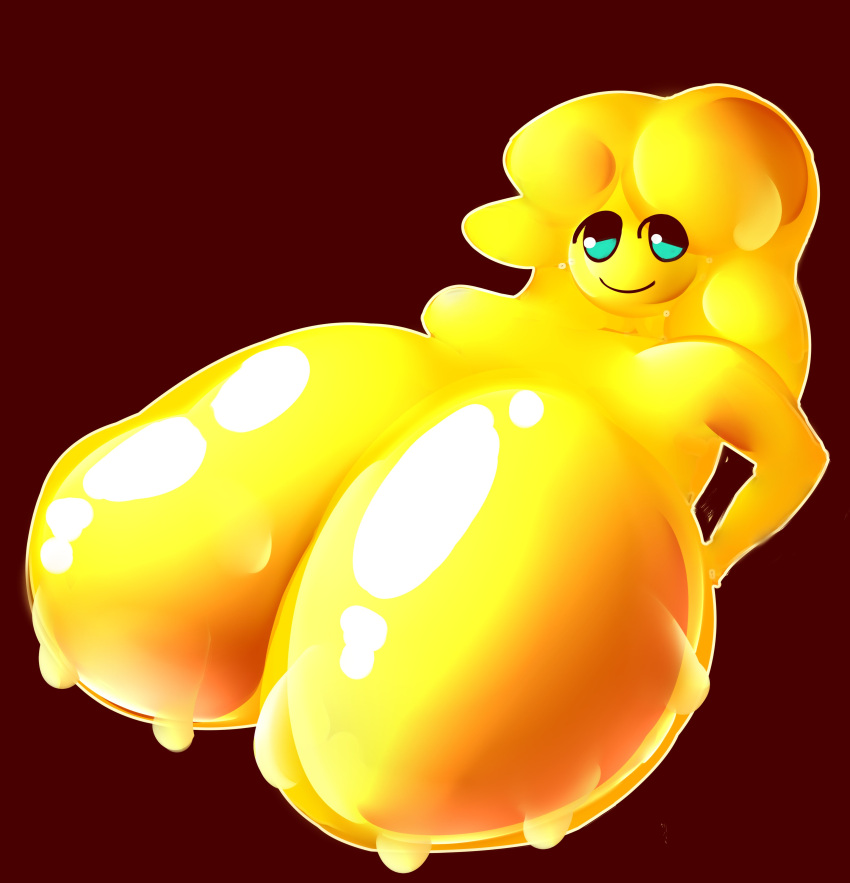 1girls big_breasts blue_eyes curly_hair curvy cute female_only large_breasts looking_at_viewer original_character slime smile snork760 yellow_body