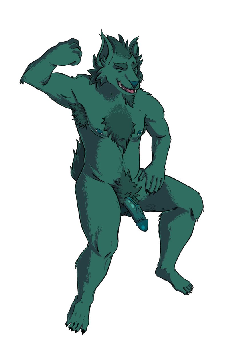 1boy anthro blue_nipples canine flexing flexing_bicep fur furry furry_only green_body green_fur green_penis hairy hairy_armpits hairy_chest male male_anthro male_focus male_only nipple_piercing open_mouth original_character pierced_nipples pubes pubic_hair satyrspitstain_(artist) solo solo_anthro solo_male wolf