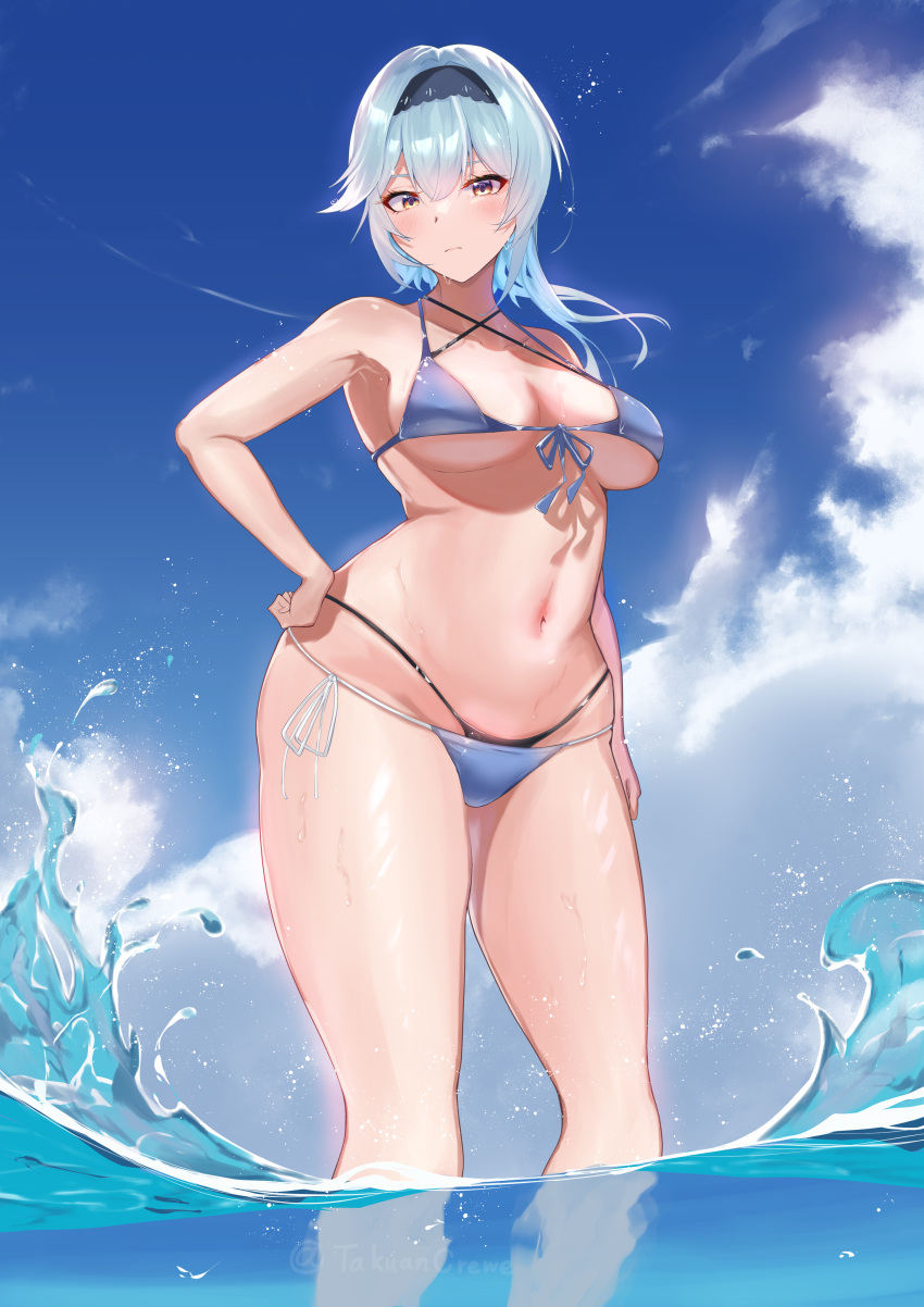 1girls beach blue_bikini blue_hair blush breasts curvy eula_(genshin_impact) female female_only genshin_impact hand_on_hip hi_res hips looking_at_viewer mihoyo navel pirumu sky standing thick_thighs voluptuous water wide_hips