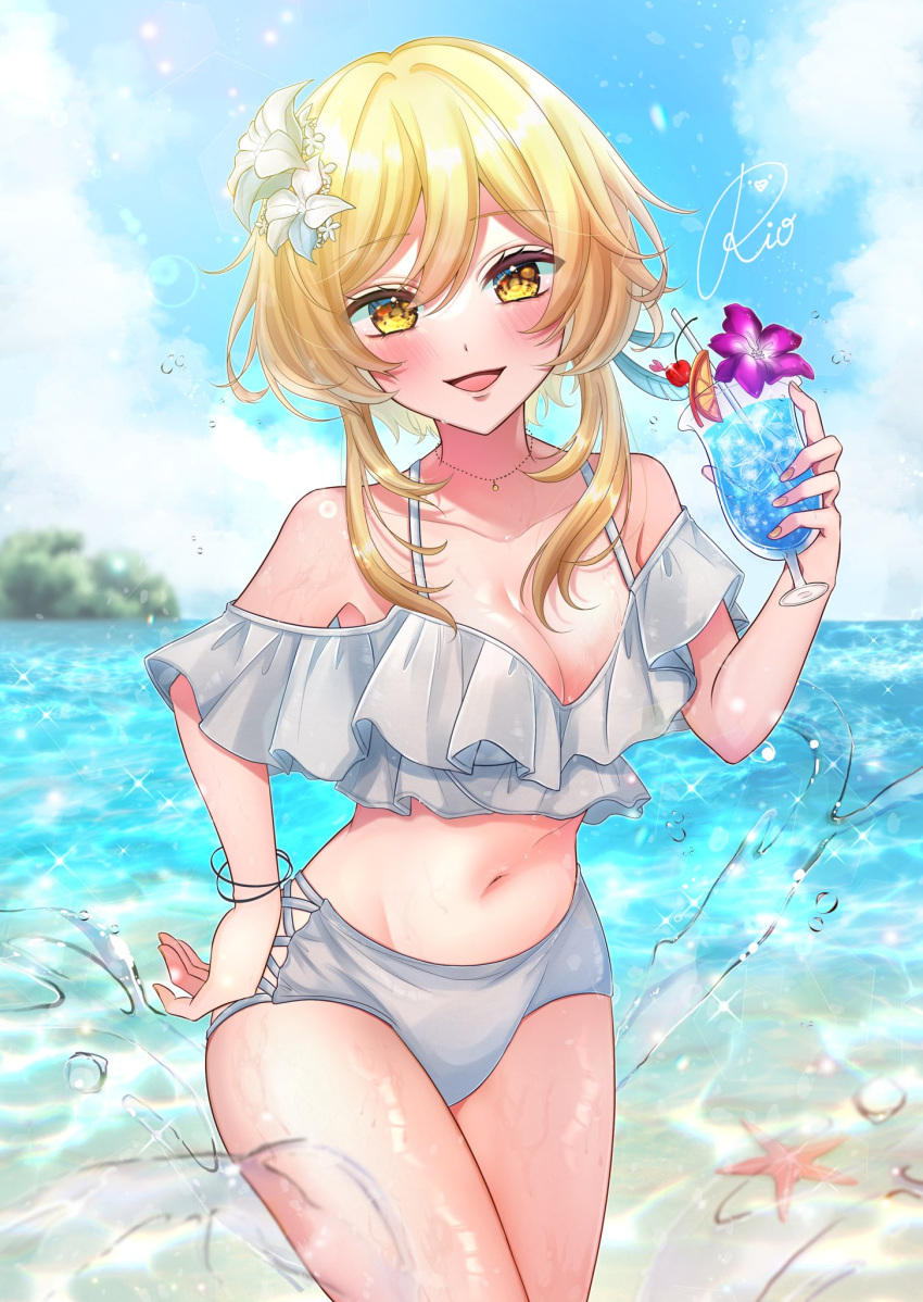 beach belly belly_button big_breasts blonde_hair breasts cock-tail cocktail drink drinking flower_in_hair genshin_impact gold_eyes gold_hair in_water lumine_(genshin_impact) smile smiling swimsuit swimwear tagme_(artist) thick thick_thighs thighs tummy twin wet