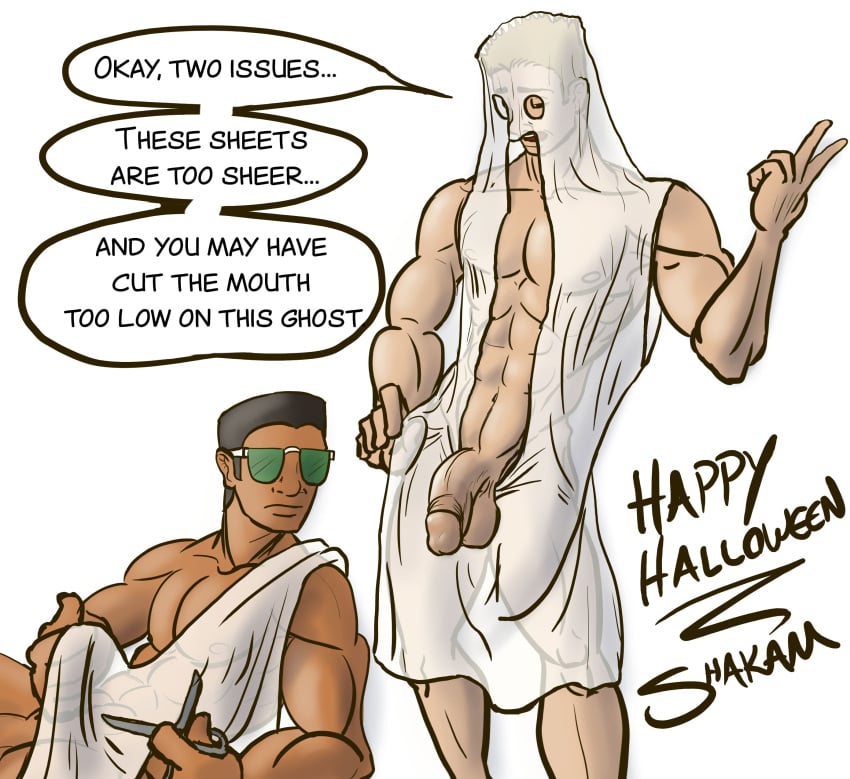 2boys cliff_armendariz dark-skinned_male dialogue_bubble elijah_mckaber ghost_costume halloween male male_only muscular_male oc original_character shakam sunglasses yaoi