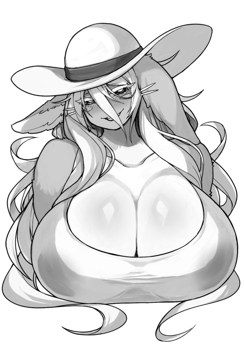 1girls aged_up alternate_costume animal_ears anthro anthro_only anthrofied bare_shoulders big_breasts blush breasts cleavage female female_only greyscale hair_between_eyes hat huge_breasts humanoid lagomorph lagomorph_humanoid large_breasts long_ears long_hair looking_at_viewer made_in_abyss massive_breasts monochrome nanachi narehate rabbit_ears rabbit_humanoid ranaecho smile solo solo_female sun_hat thick_eyelashes top_heavy upper_body very_long_hair whiskers