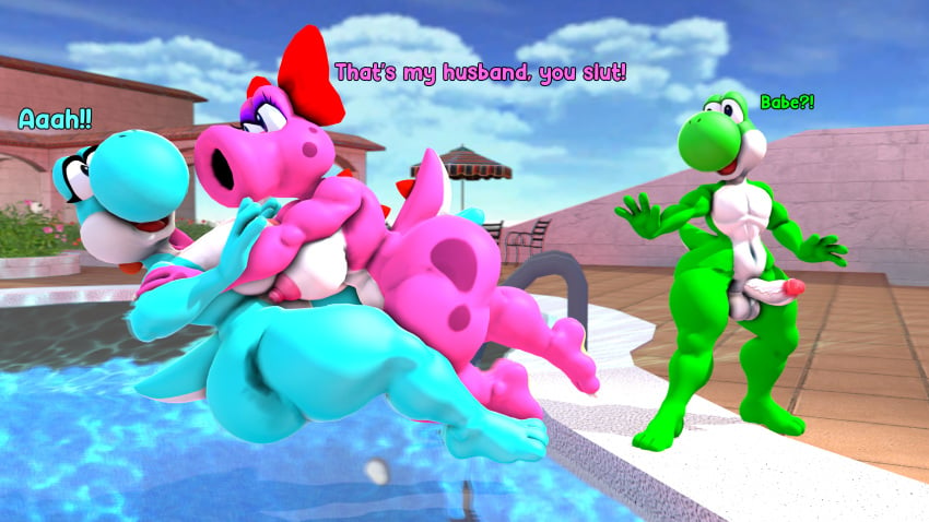 1boy 2girls 3d 3d_(artwork) angry anthro barefoot big_breasts birdetta birdo breasts curvy_figure daemont92 dialogue digital_media_(artwork) dinosaur erection falling feet female green_yoshi group hi_res imminent_fight light_blue_yoshi male male/female mario_(series) muscular muscular_female nintendo nipples nude nudist reptile ru rule_63 scalie shove source_filmmaker swimming_pool tackle thick_thighs trio video_games voluptuous water wide_hips yoshi