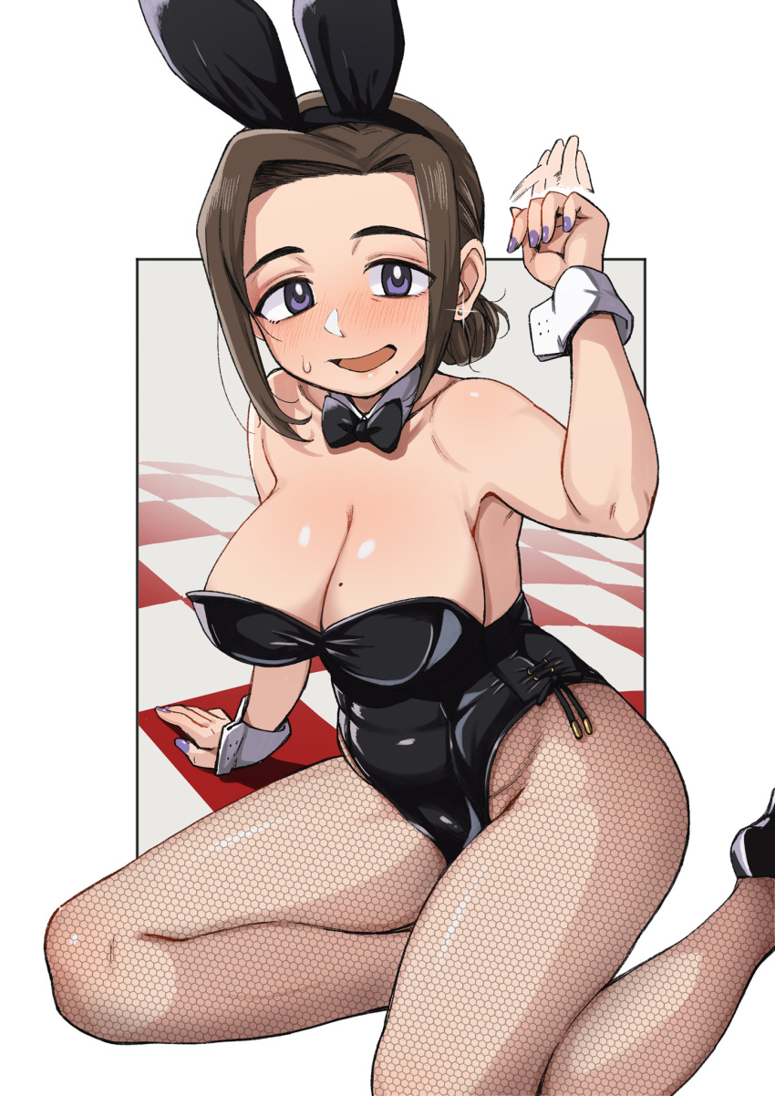 1girls big_breasts black_ribbon breasts bunny_ears bunny_girl bunnysuit collar demiomurash earrings milf mole mole_on_breast mole_under_mouth plump ribbon white_collar