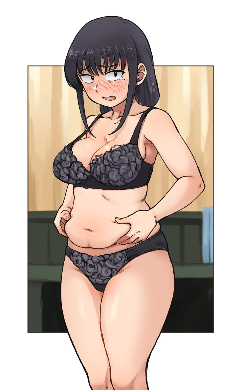 1girls black_bra black_hair black_panties bra breasts demiomurash diary_of_our_days_at_the_breakwater eyebrows_visible_through_hair fat_belly houkago_teibou_nisshi kotani_sayaka medium_breasts mole mole_under_eye navel plump teacher tears thick_thighs