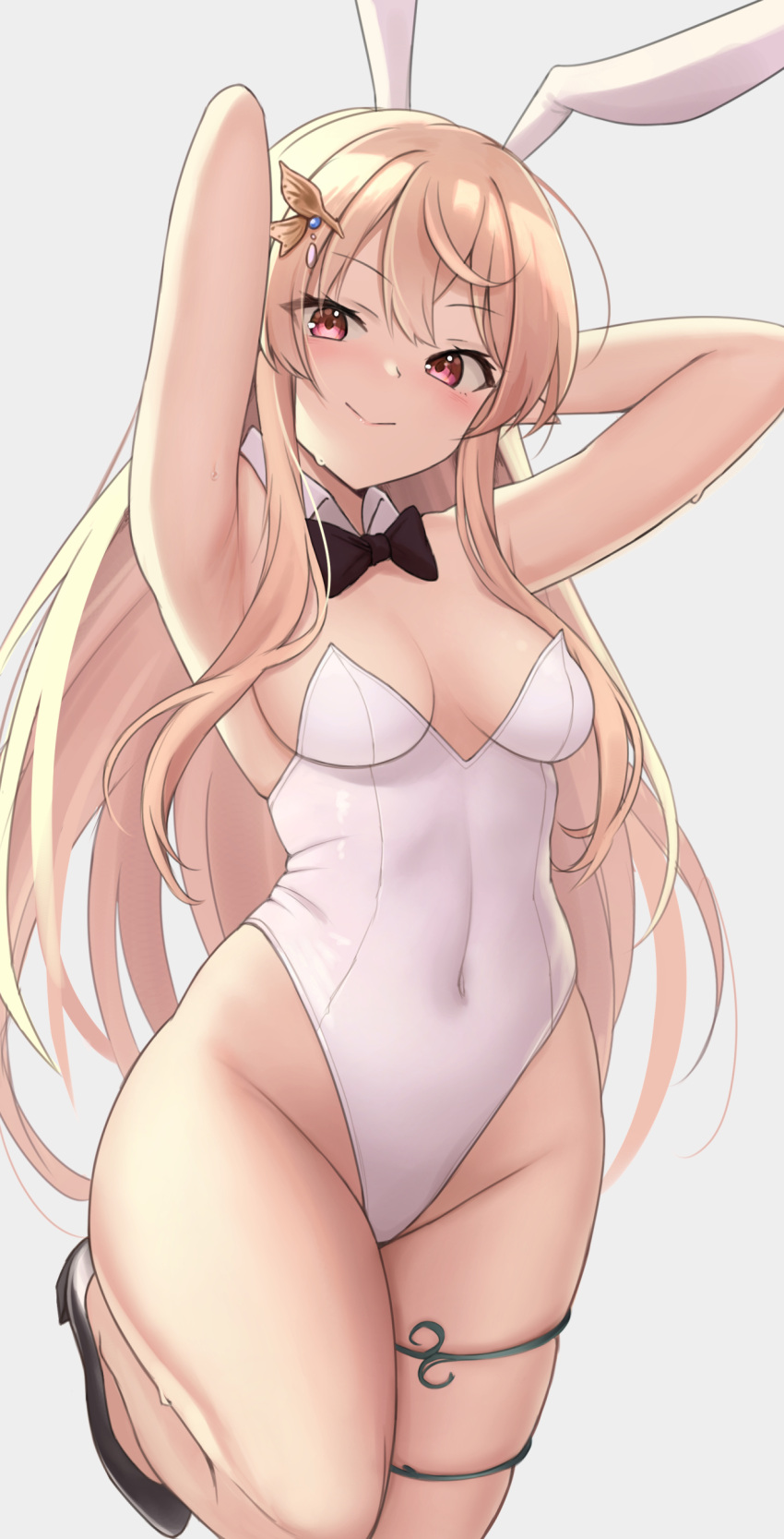 armpits arms_behind_back arms_up aura_(aurapls) belly_button blonde_hair bunny_ears bunnysuit cleavage female female_focus female_only hairclip high_heels highres long_hair looking_at_viewer medium_breasts navel nijisanji nijisanji_en pomu_rainpuff red_eyes sweat sweaty thighhighs tight_clothing virtual_youtuber white_bunny_ears white_bunnysuit white_clothing