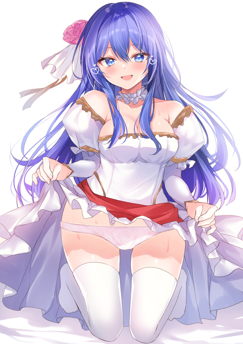 1girls alternate_costume bare_shoulders bare_thighs blue_eyes blue_hair breasts bride caeda_(bridal)_(fire_emblem) caeda_(fire_emblem) cleavage clothes_lift collarbone detached_sleeves dress_lift female female_only fire_emblem fire_emblem:_mystery_of_the_emblem fire_emblem:_shadow_dragon_and_the_blade_of_light fire_emblem_heroes flower hair_flower heart kneeling large_breasts lifted_by_self long_hair looking_at_viewer nenobi_(nenorium) nintendo official_alternate_costume open_mouth panties shoulders skirt_lift smile solo strapless_dress sweat thighhighs thighs underwear upskirt very_long_hair wedding_dress white_panties