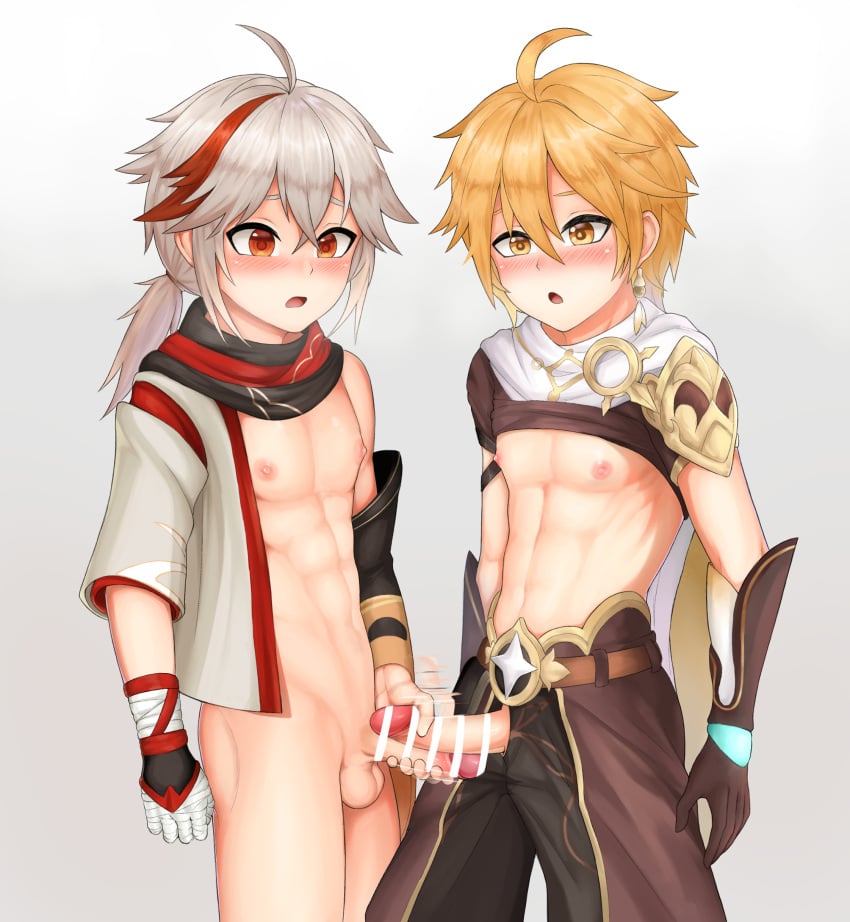 2boys abs absurdres aether_(genshin_impact) ahoge bandaged_hand bandages bangs bar_censor blonde_hair blush brown_gloves brown_shirt bulge bulge_press bulges_touching cape censored closed_mouth clothes_lift crop_top djinoi earrings fingerless_gloves genshin_impact gloves hair_between_eyes hakama highres japanese_clothes jewelry kaedehara_kazuha male_focus medium_hair midriff multicolored_hair multiple_boys multiple_penises muscular muscular_male navel nipples open_clothes open_mouth open_shirt orange_cape orange_eyes penis penises_touching ponytail red_eyes red_hair scarf shirt shirt_lift short_hair short_ponytail streaked_hair testicles white_hakama yaoi yellow_eyes