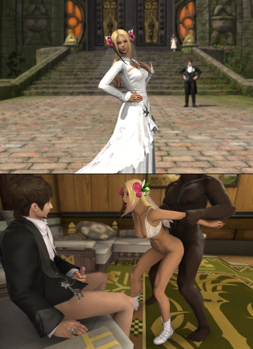 1girls 2boys 3d abs ambiguous_penetration audrey_dupont blonde_hair blue_eyes bottomless bridal_veil bride brown_hair cheating cheating_on_wedding_day cheating_wife completely_nude cuckold cuckold_masturbating dark-skinned_male dark_skin dress faceless_male female final_fantasy final_fantasy_xiv flower_in_hair gpose(ffxiv) hair_ornament human human_only husband_and_wife hyur implied_marriage interracial jewelry large_breasts light-skinned_female lingerie looking_at_viewer makeup male married_couple masturbating_cuck masturbation muscles muscular_male netorare nipples ntr nude_female pink_highlights pink_nails sex standing_sex straight taken_from_behind wardrobe_malfunction watching wedding wedding_night wedding_ring white_bra